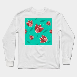 Tulips pattern in turquoise background Long Sleeve T-Shirt